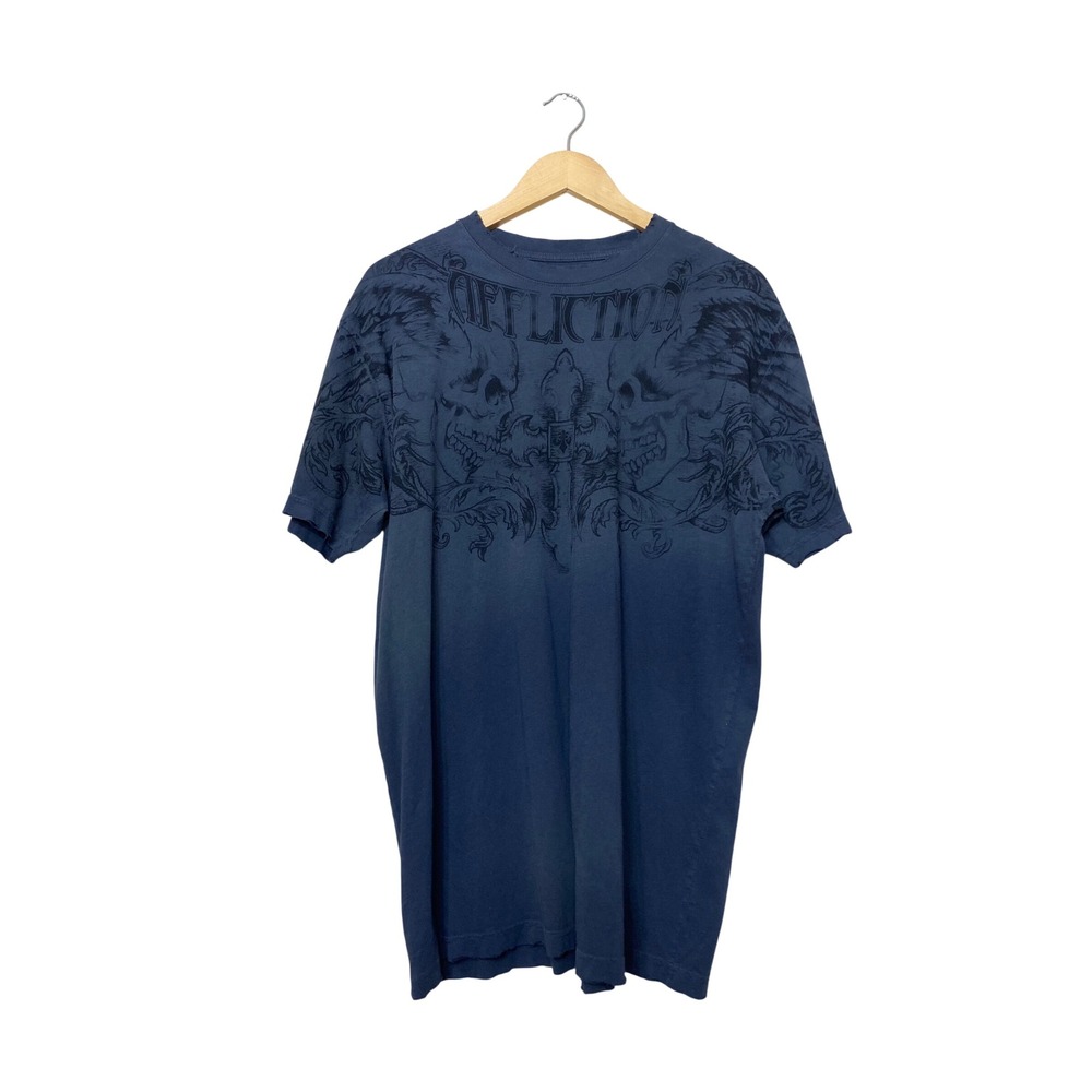 Affliction Live Fast Mens XL Navy Blue Skull Cross Graphic T-Shirt MMA Gothic